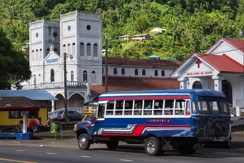 Brightly painted ‘aiga buses are the best way to get around in American Samoa