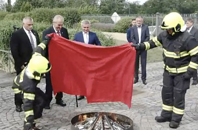 Czech president burns giant pair of red underwear in bizarre press stunt