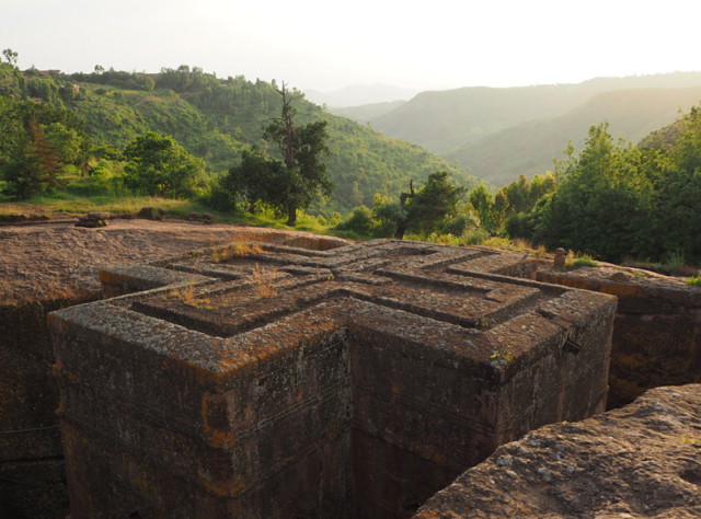 The 12th century Bete Giyorgis (Church of St George) in Lalibela was carved from solid rock in the shape of a cross.