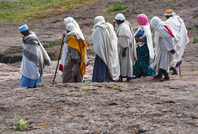 Pilgrims leave a church service in Lalibela, northern Ethiopia.