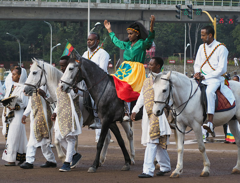 A woman on horseback represents St Helena, known as Queen Eleni in Ethiopia.