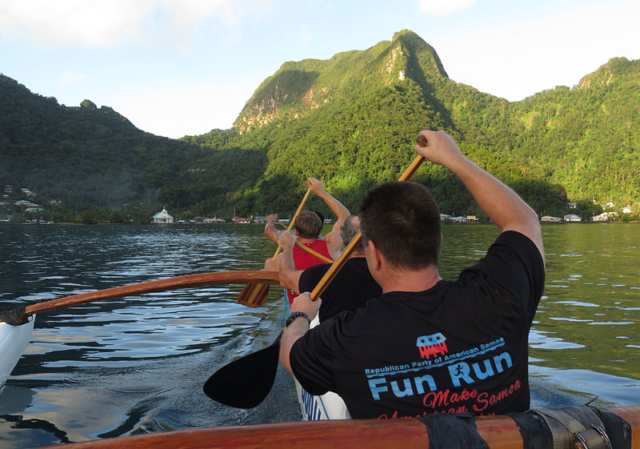 Members of Le Vasa Outrigger Canoe Club paddle on Pago Pago Harbour.