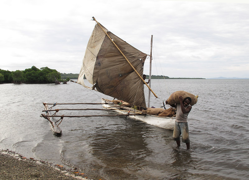 Men unload crops harvested on the garden island of Sakao in the Maskelyne Islands