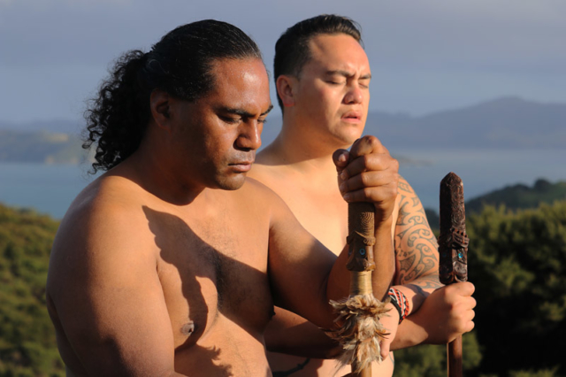 Warriors Mukai Hura and Isaiah Apiata during a history-making flagpole reconciliation ceremony in Russell.