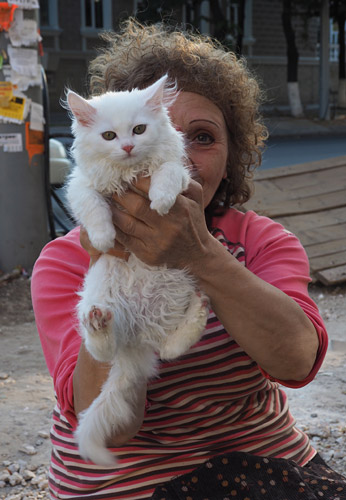 A street hawker offers a kitten on Chișinău’s main street