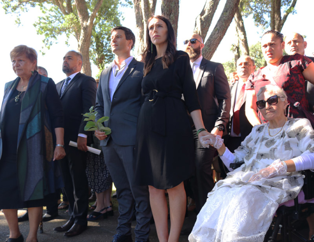 New Prime Minister Jacinda Ardern, with partner Clarke Gayford and Ngāpuhi matriarch Titewhai Harawira, is welcomed to the Treaty Grounds