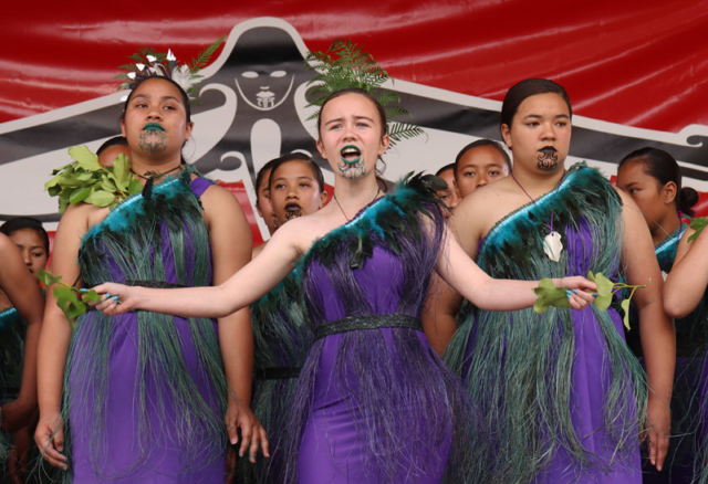 OCTOBER: Girls from Te Kura Kaupapa Māori o Taumarere perform during Te Ahuareka o Ngāti Hine Festival in Moerewa. Photo: Peter de Graaf