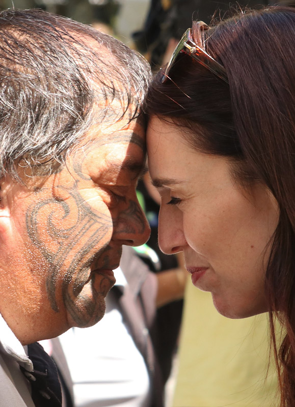FEBRUARY: Prime Minister Jacinda Ardern shares a hongi with Māori warden Lynn Brown at a wardens’ get-together at Haruru Falls. Photo: Peter de Graaf