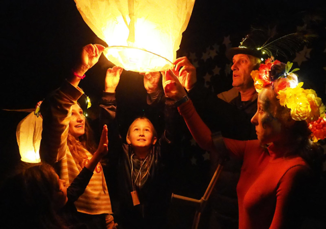 JUNE: Tessa Bogaers, Ava De Rosa, Billy Bogaers and Freya Holland release a lantern at Oromahoe School’s Light Festival. Photo: Peter de Graaf