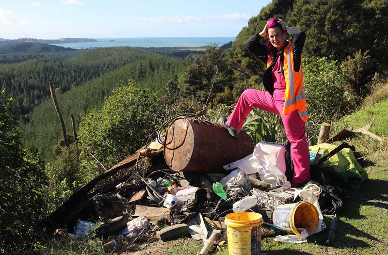 JULY: Tiffany Holland fumes at illegal rubbish dumping in Waitangi Mountain Bike Park. Photo: Peter de Graaf