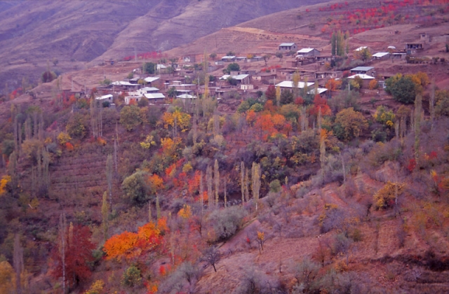 Autumn colours surround a village in the Alborz Mountains