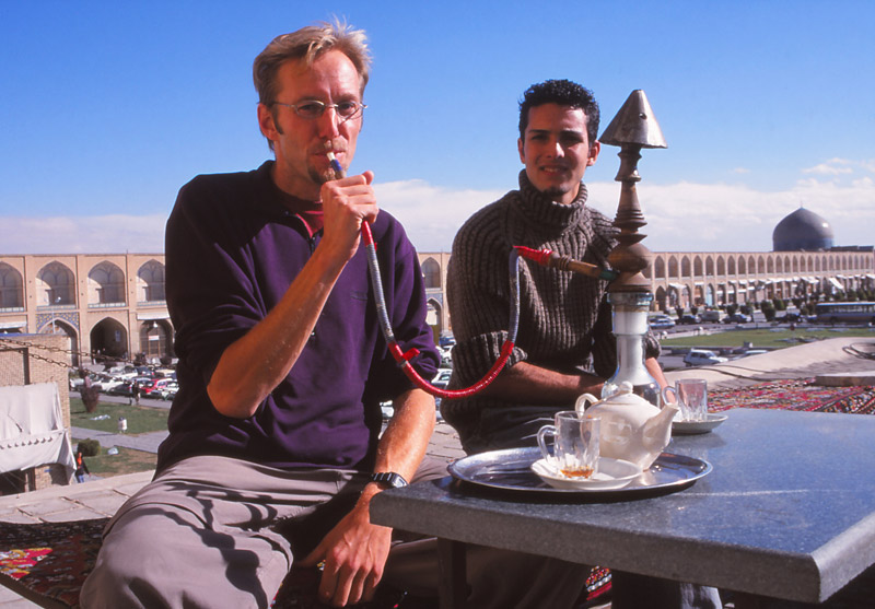 The author and friend at a tea house overlooking Imam Square, Esfahan