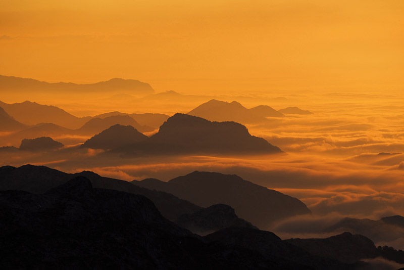 Sunset from a mountain top in Picos de Europa, a mountain range in northern Spain