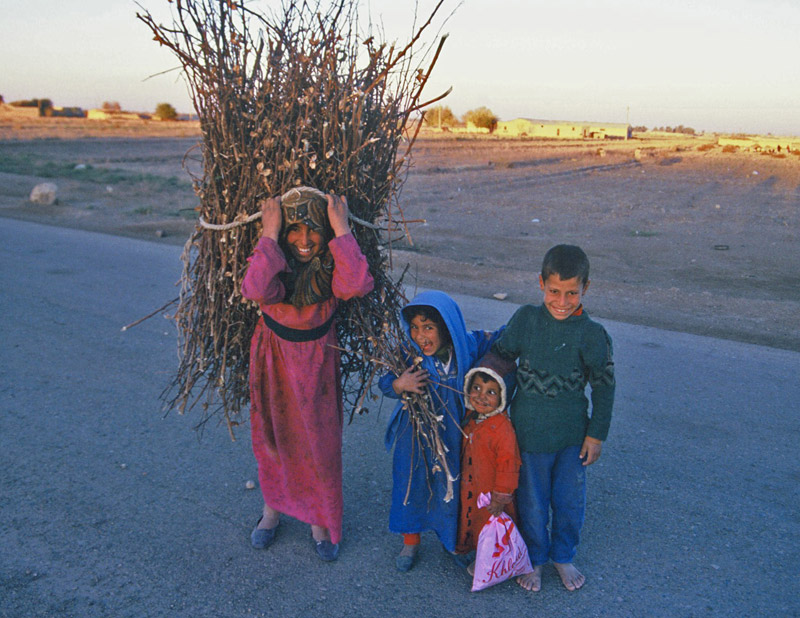 Children collecting firewood in a desert village, eastern Syria, in 1995