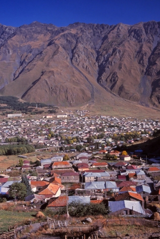 The town of Kazbegi (since renamed Stepantsminda) at 1740m above sea level in the Caucasus Mountains