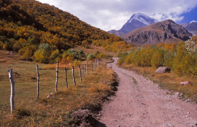 A road in the mountains near Kazbegi leads to 5047m-high Mt Kazbek