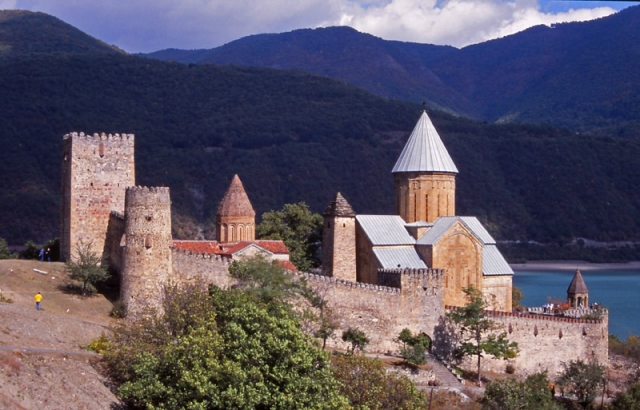 The 17th century church-fortress of Ananuri on the Georgian Military Highway