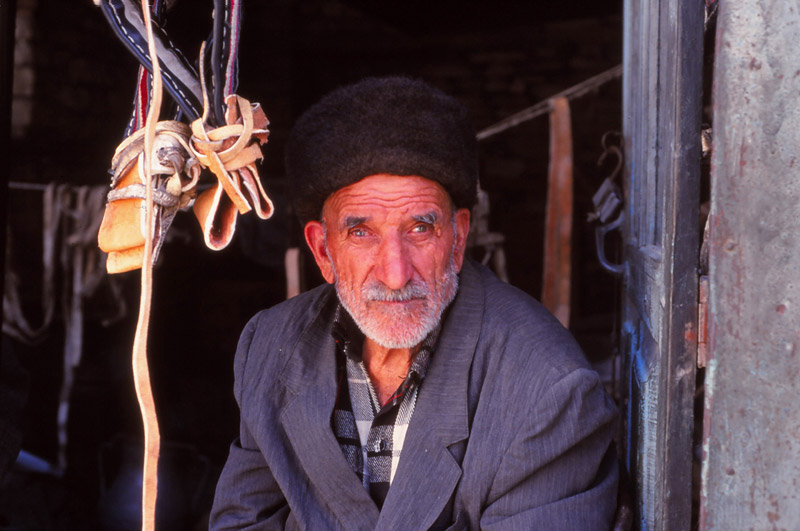 A blind bridle-maker at his workshop in Lahıc