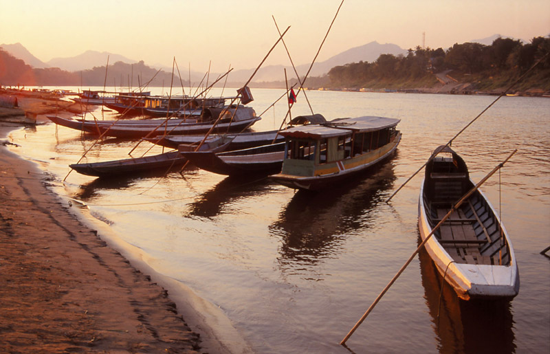 Boats moored along the Mekong River, Luang Prabang