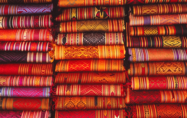 Traditional Lao textiles at a market in Luang Prabang