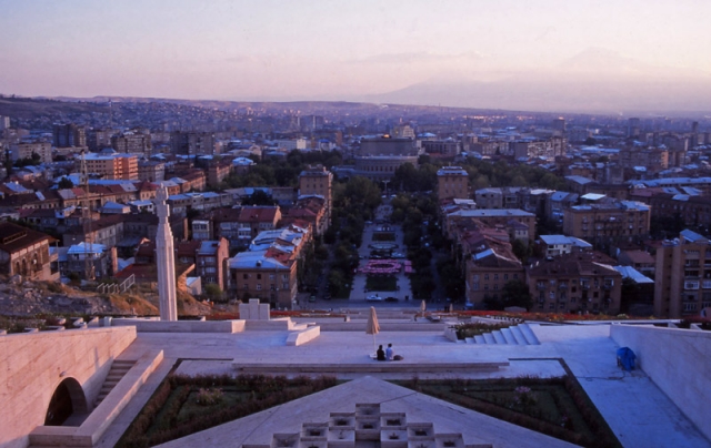 View of the capital Yerevan from the top of Kaskad, a monumental staircase marking the 50th anniversary of Soviet Armenia