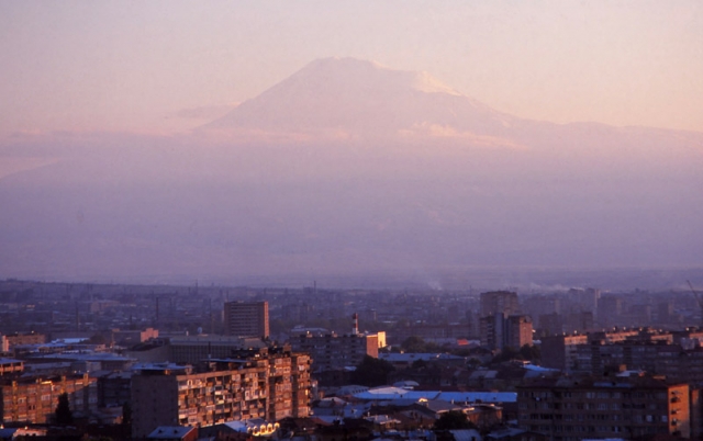 Mt Ararat, the Biblical landing place of Noah's ark, looms over Yerevan from across the border in Turkey