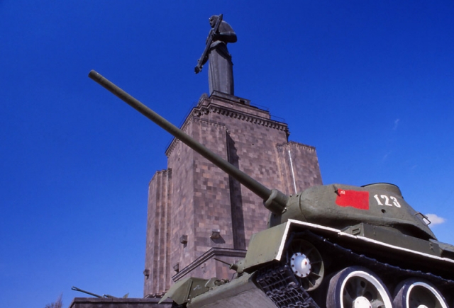 A Soviet World War II tank next to Mother Armenia, Yerevan