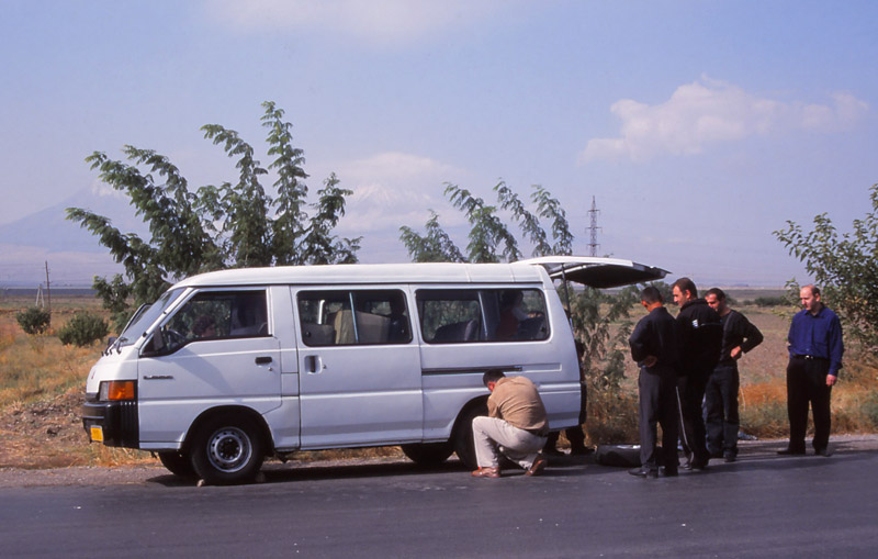 The first of two flat tyres on the minibus trip from Yerevan to Areni. The driver didn't carry a spare
