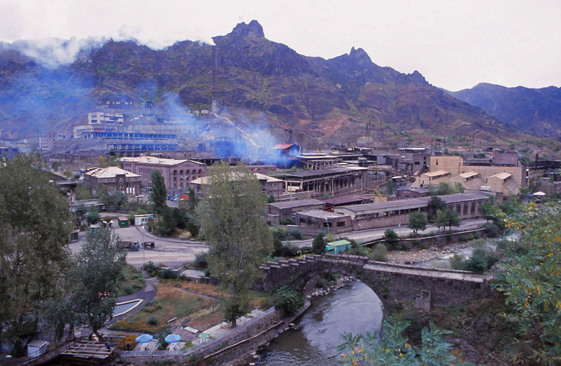 A bridge built by Queen Tamar in the 12th century is dwarfed by a polluting copper smelter at Alaverdi