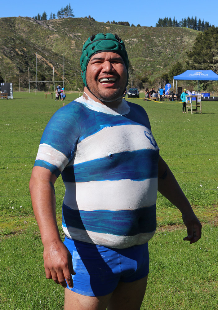 August: Rei Tamehana shows off his team shirt during Otiria Rugby Club's Bay of Islands Championship victory parade … wait a minute, that’s not a shirt! Photo: Peter de Graaf