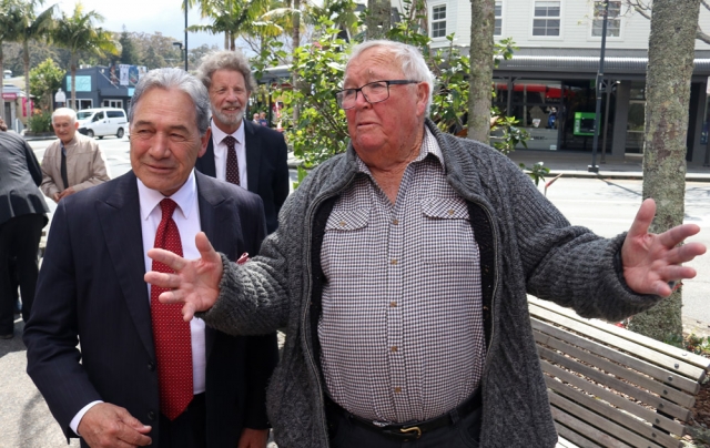 September: Ernie Taylor regales NZ First leader Winston Peters during a campaign visit to Kerikeri. Photo: Peter de Graaf