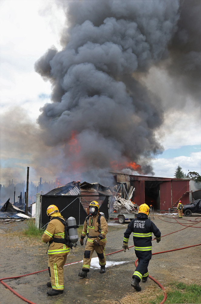 November: An industrial shed is engulfed by flames near Kerikeri. Photo: Peter de Graaf