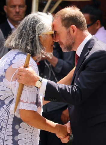February: Ngāpuhi chairwoman Mere Mangu congratulates an emotional Treaty Negotiations Minister Andrew Little for delivering a speech entirely in te reo Māori. Photo: Peter de Graaf