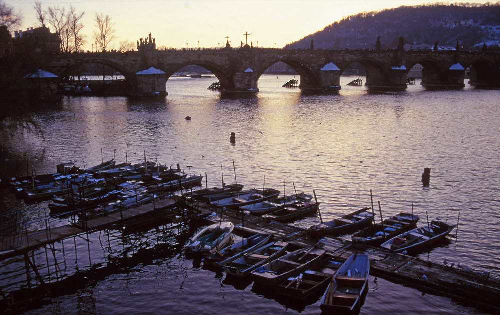 Rowboats tied up for winter on the Vltava River, Prague