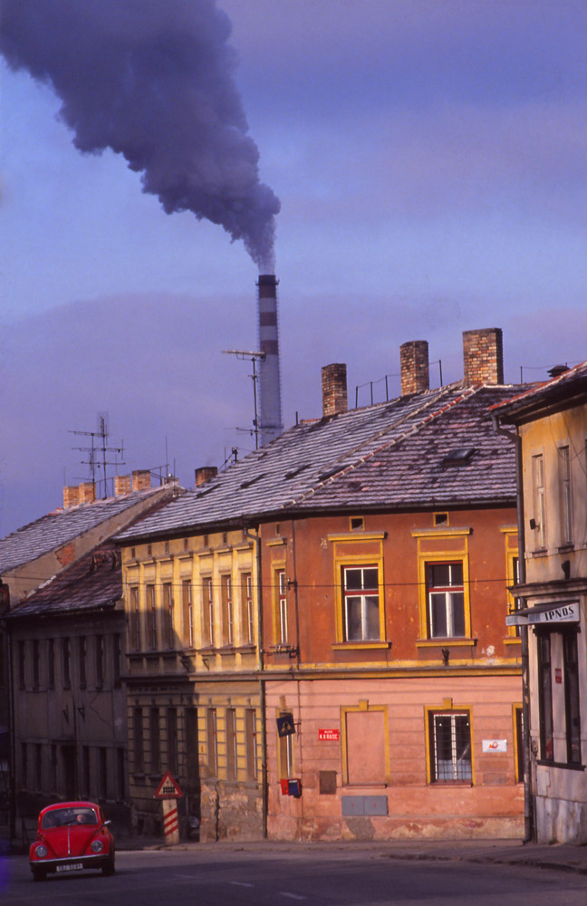 Smoke billows from the city heating plant in České Budějovice