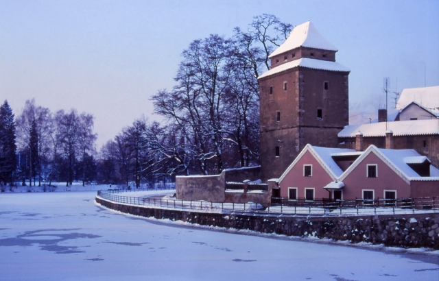 A frozen Malše River with the 14th century Iron Maiden tower, České Budějovice