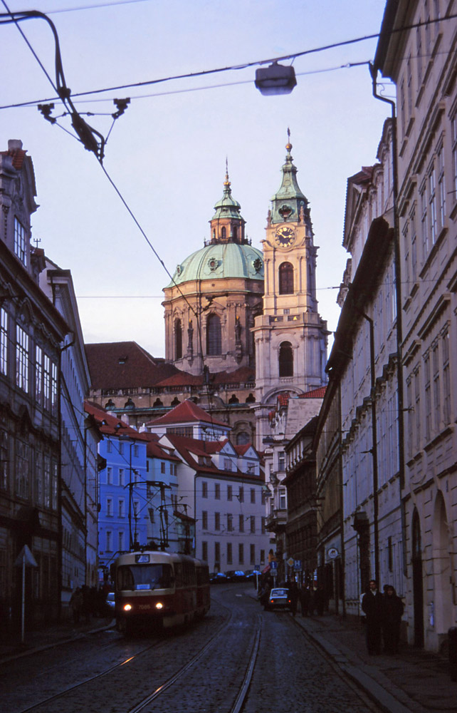St Nicholas Church and tram in Prague's Malá Strana quarter