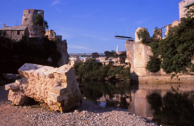 Bosnia, 1999: Ruins of the 16th century Stari Most (Old Bridge), a Bosnian national symbol destroyed by Croatian forces in 1993