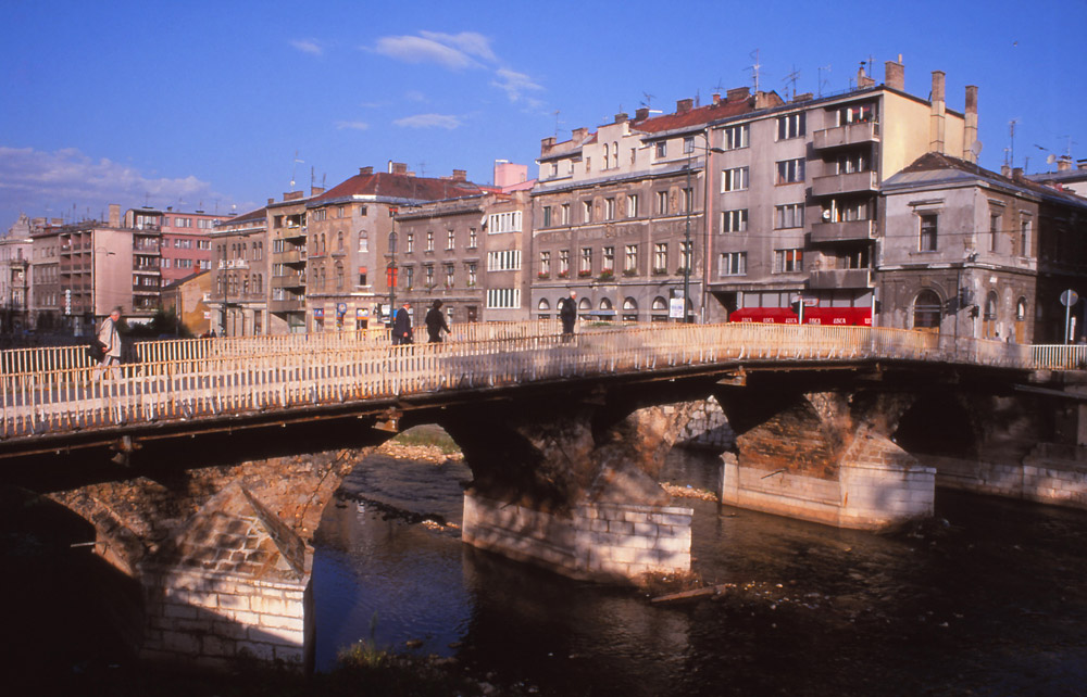 Bosnia, 1999: Latinski Most (Latin Bridge) in Sarajevo where Serb nationalist Gavrilo Princip shot Austrian Archduke Franz Ferdinand in 1914, sparking World War I