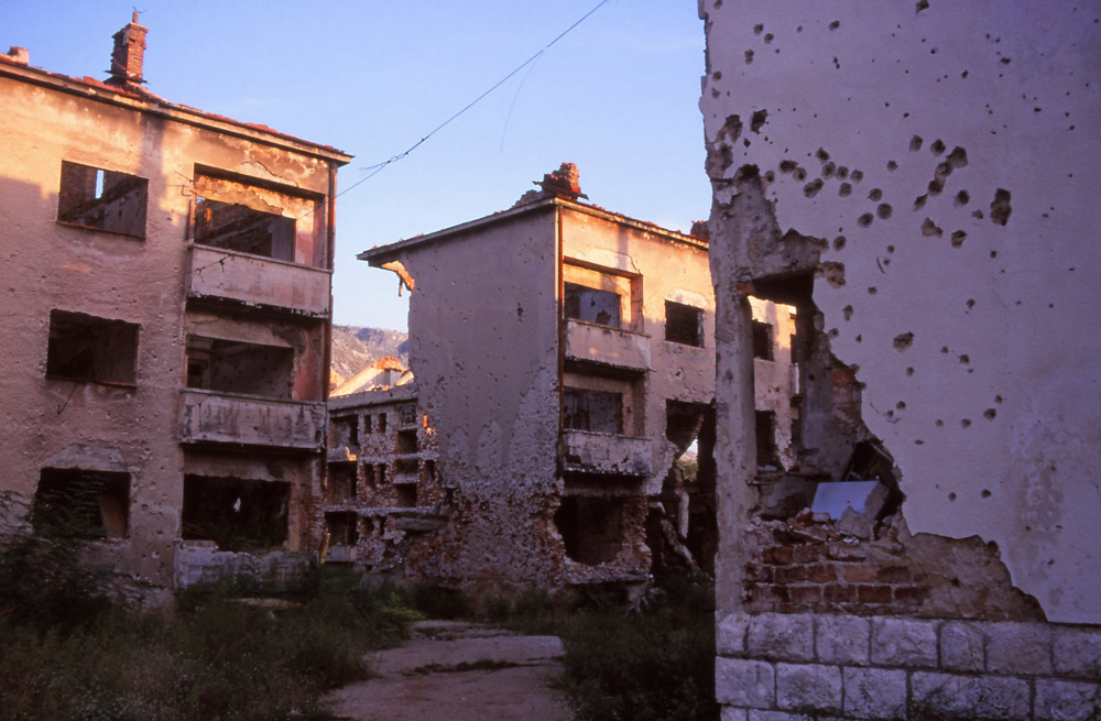 Bosnia, 1999: War-damaged apartment buildings in central Mostar