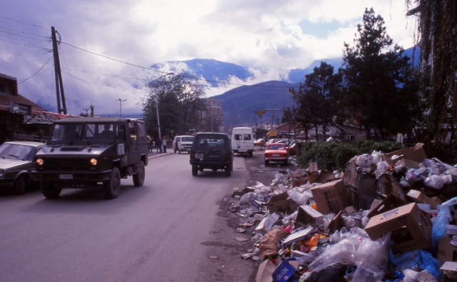Kosovo, 1999: Rubbish piles up on the streets of Peja after the Kosovo War
