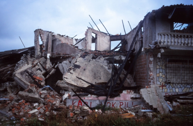 Kosovo, 1999: Homes destroyed in ethnic cleansing along the road from Peja to Prizren