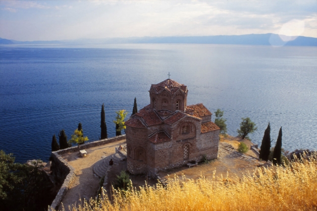 Macedonia, 1999: The 15th century church of Sveti Jovan perches on the shore of Lake Ohrid