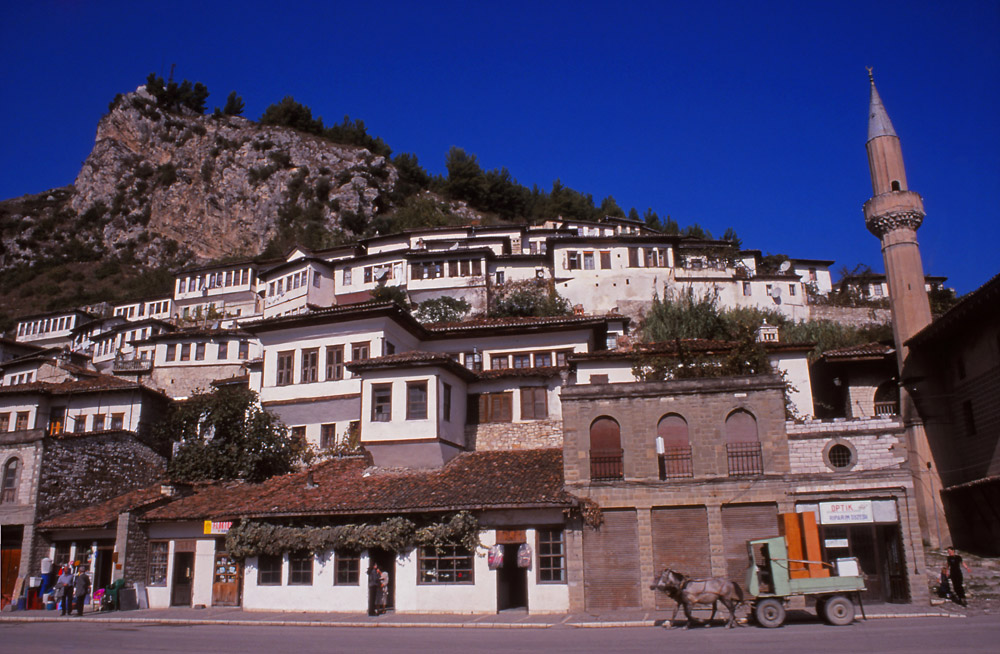 Mangalem, the old Muslim quarter of Berat, clings to the cliffside below the city's citadel