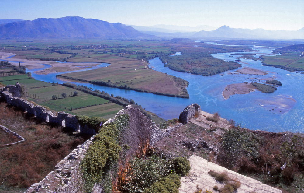 View from Rozafa Castle, on the outskirts of Shkodra, across the River Drin