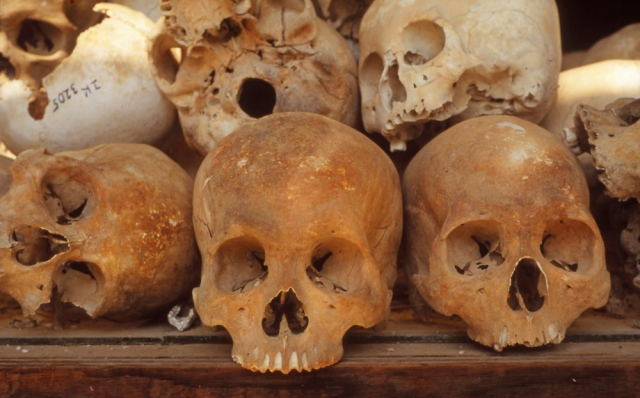 A few of the 8000 skulls displayed in the memoral stupa at Choeung Ek Killing Fields