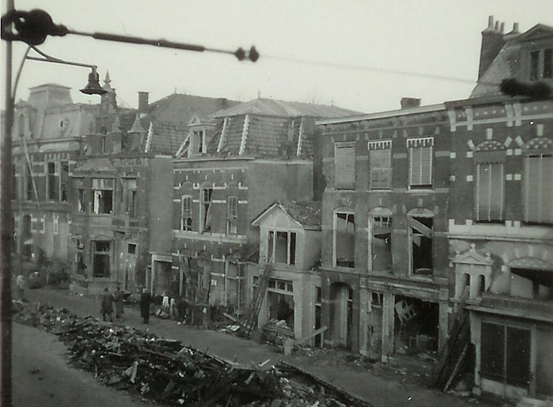 Bomb damage in Stationsweg (Station Street), Leiden. 