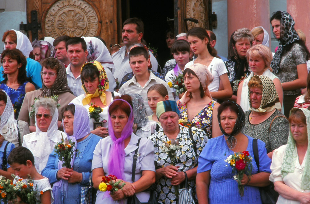Church-goers wait to be blessed during a festival at St Paraskeva Church in Chernivtsi
