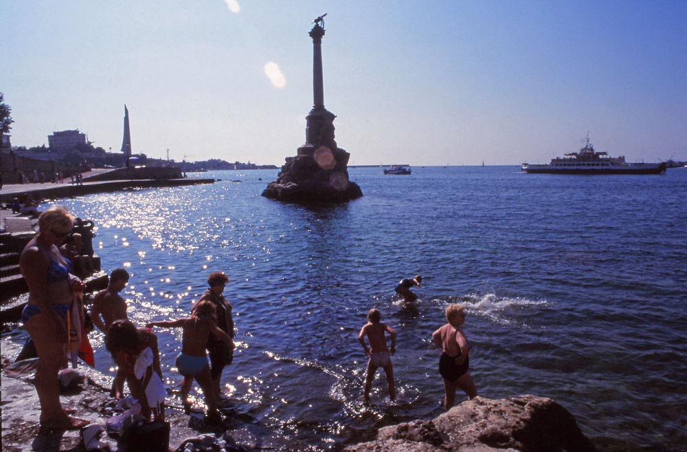 Swimmers test the Black Sea at Sevastopol in Crimea