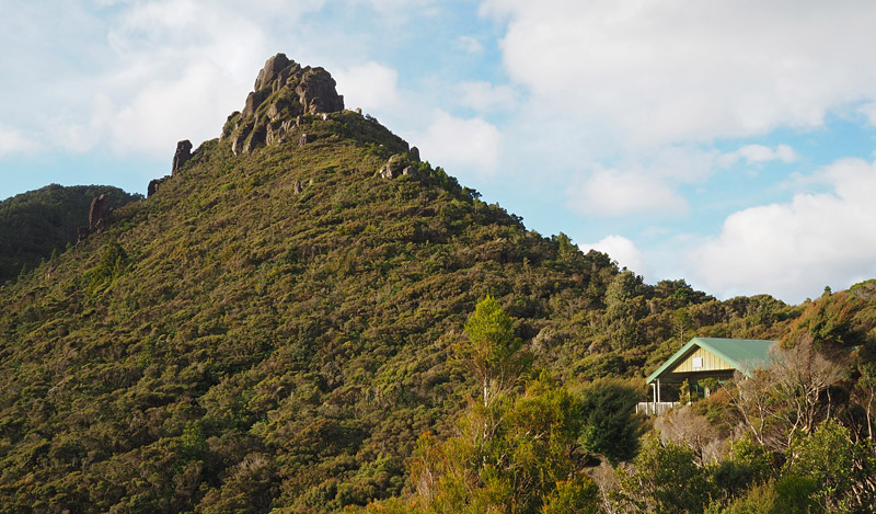 Mt Heale Hut nestles as the foot of an ancient volcanic plug